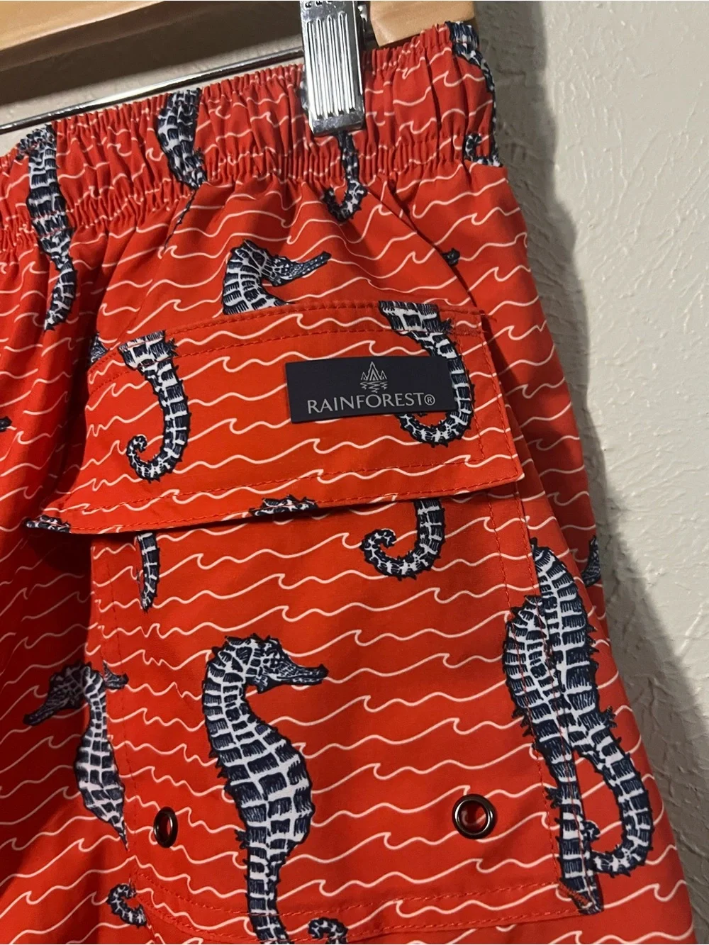 Men’s RAINFOREST Red Swim Shorts with Navy Seahorse Print Size Small